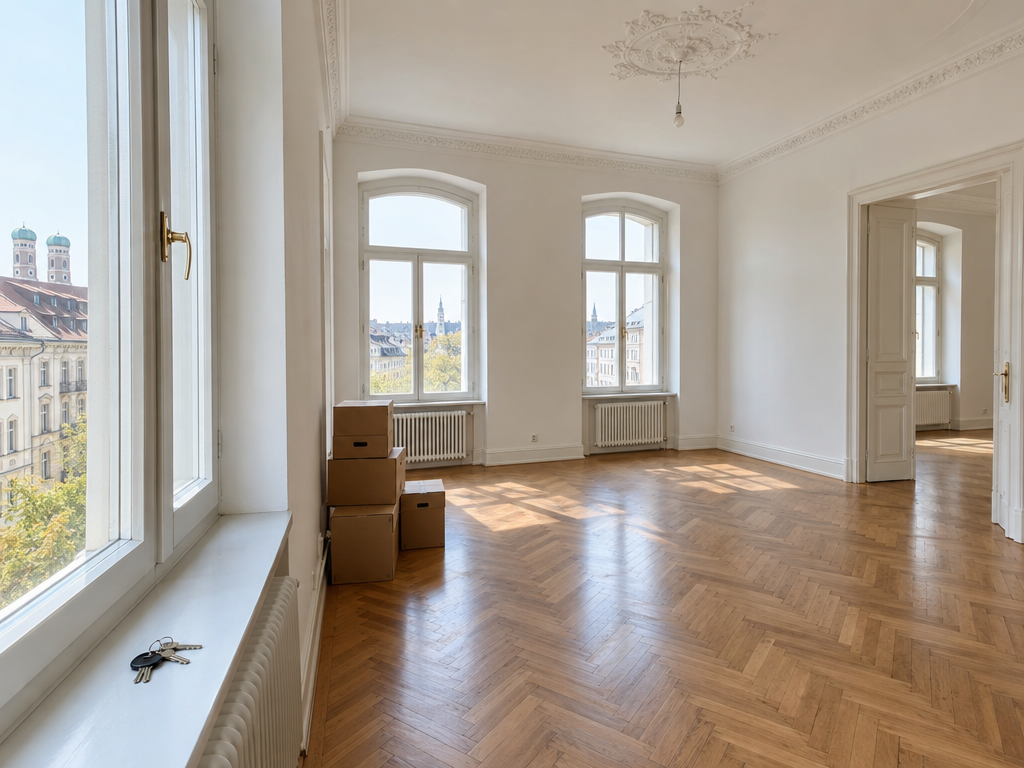 Affittare un appartamento a Monaco di Baviera: scatoloni e chiavi in un luminoso appartamento d'epoca con parquet