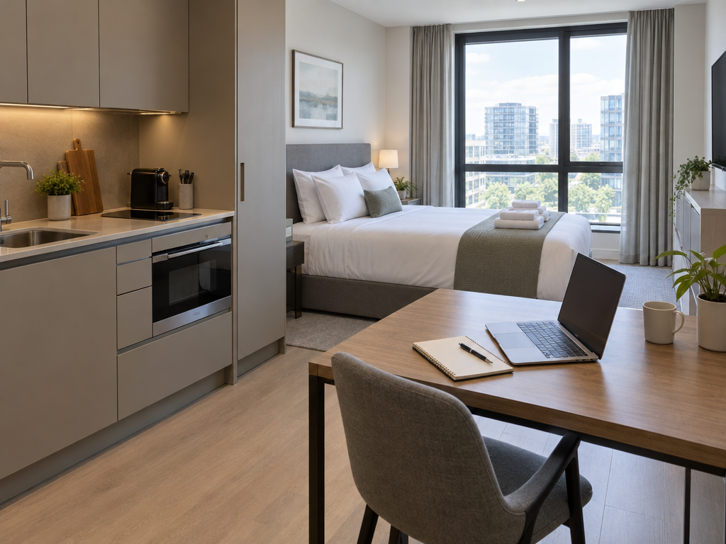 Alternative zu Airbnb in München: Apartment mit Küchenzeile, Arbeitsplatz und frischer Bettwäsche für Geschäftsreisende