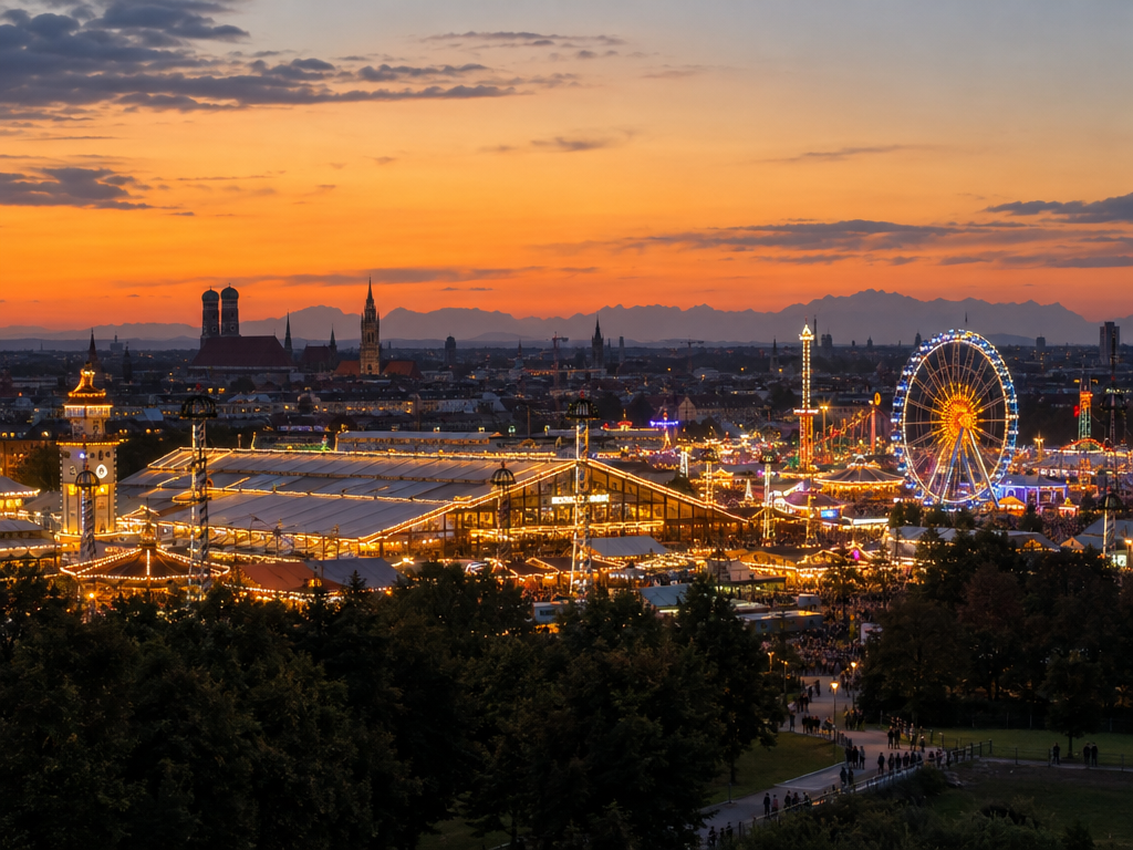Airbnb München zum Oktoberfest: beleuchtete Festzelte und Riesenrad auf der Theresienwiese in der Abenddämmerung