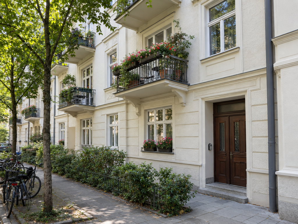 Airbnb München und Kurzzeitvermietung: Münchner Altbau-Wohnhaus mit Balkonen und Schlüsselbox am Eingang