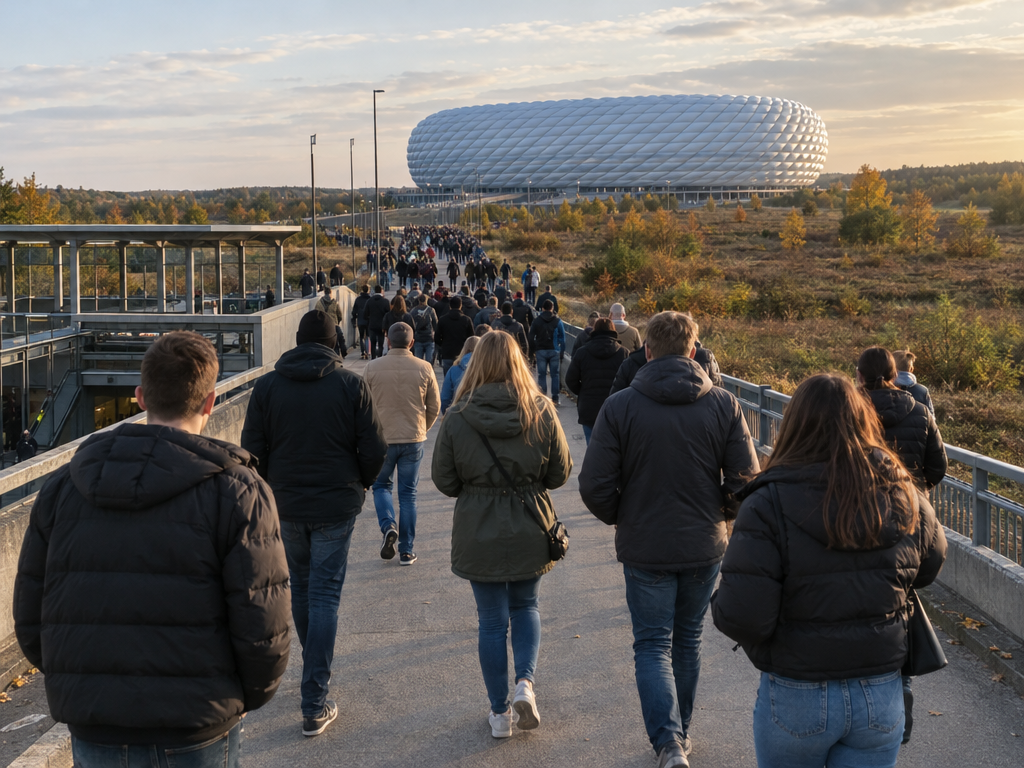 Allianz Arena Anfahrt: Fans gehen von der U-Bahn-Station Fröttmaning auf dem breiten Fußweg Richtung Stadion