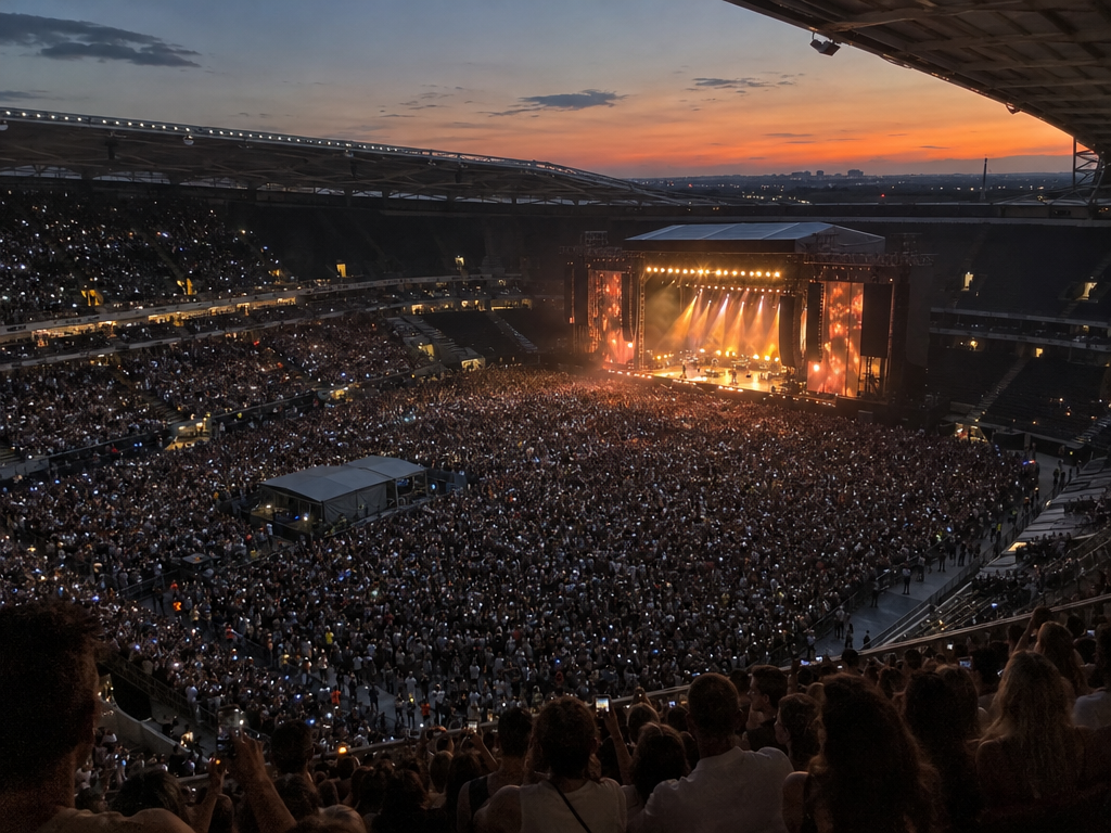 Allianz Arena Konzert: Blick von der oberen Tribüne auf Bühne und Publikum im Innenraum an einem Sommerabend