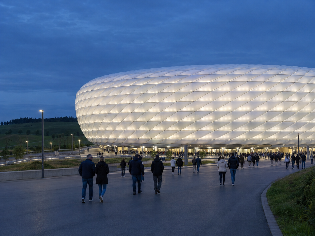 Allianz Arena a Monaco all'ora blu: la facciata di cuscini d'aria illuminata di bianco, visitatori sull'Esplanade