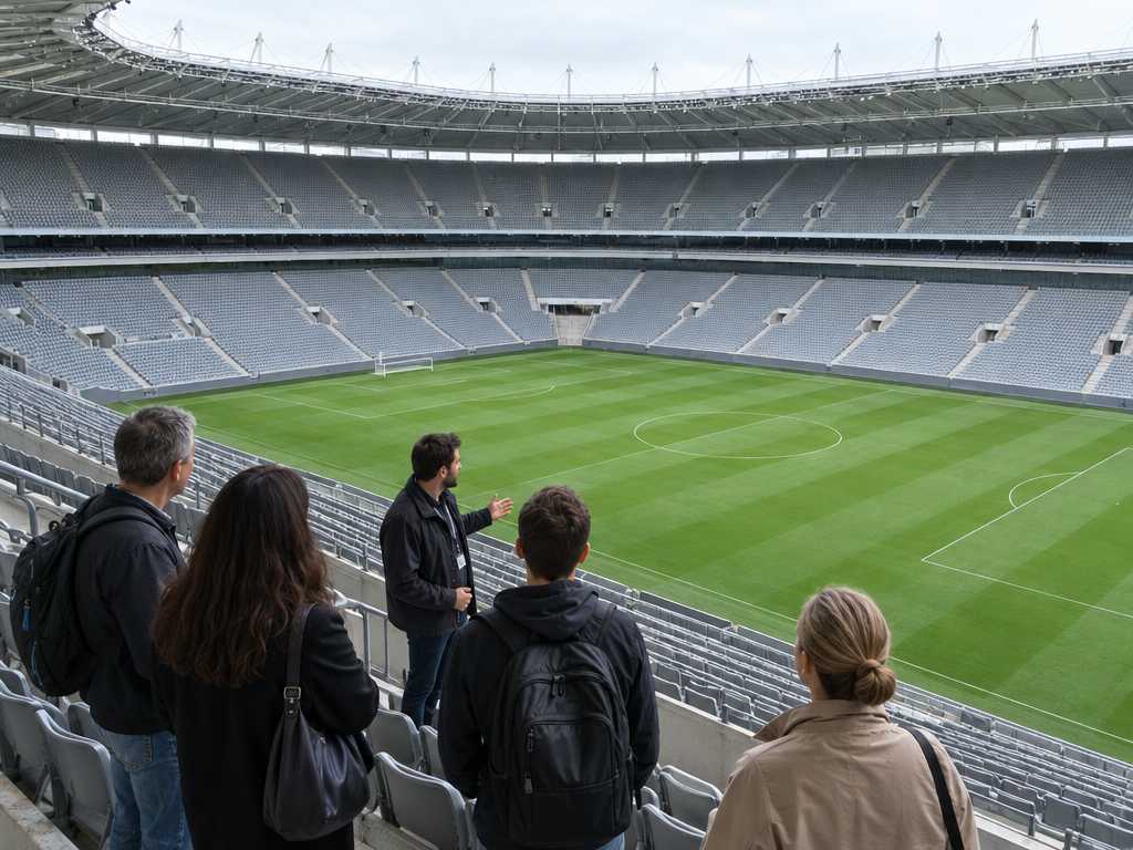 Allianz Arena Tour: Besuchergruppe mit Guide auf der Tribüne im leeren Stadion, drei Ränge rund um das Spielfeld