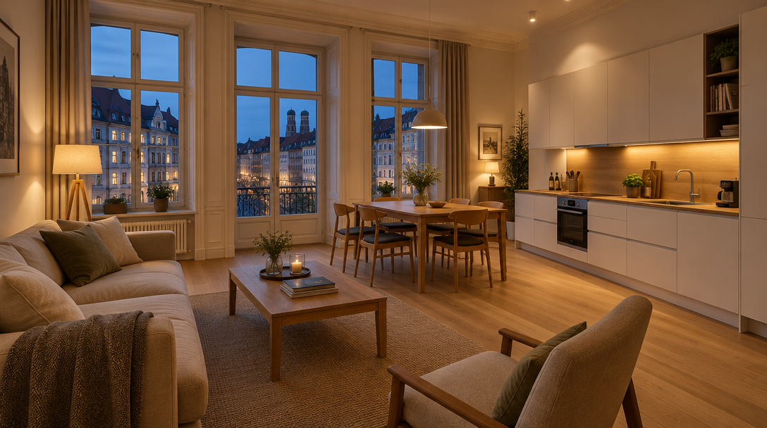 Apartment Hotel München: Wohnbereich mit offener Küche am Abend