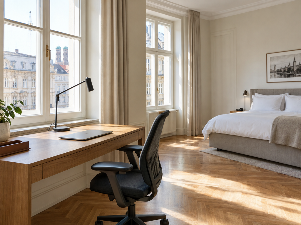 München Apartment Hotel: Schreibtisch am Fenster im Business Apartment