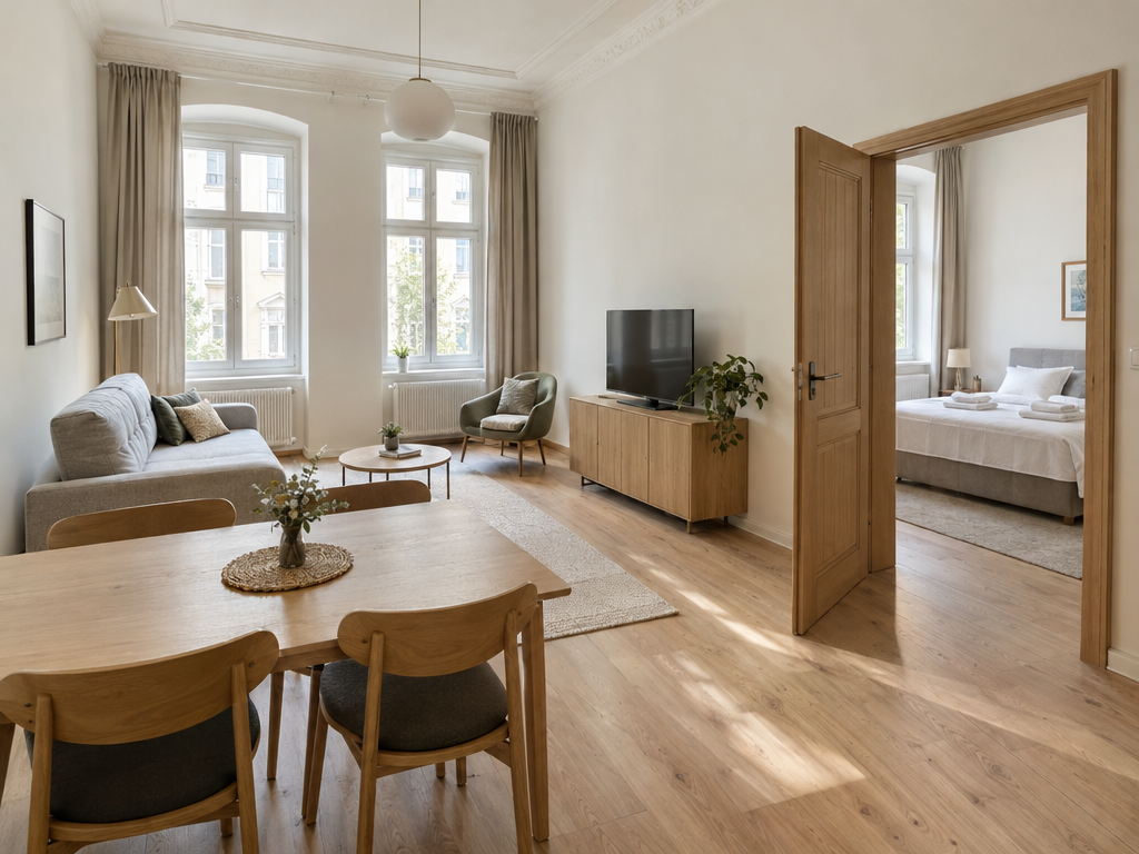 Family Apartment im Aparthotel in München mit Esstisch für vier und Doppelbett