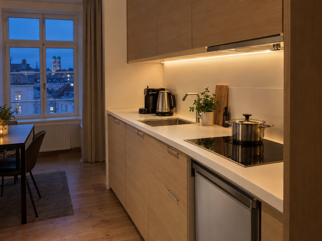 Hotel Apartment München: Kitchenette mit Induktionskochfeld, Kühlschrank und Kaffeemaschine