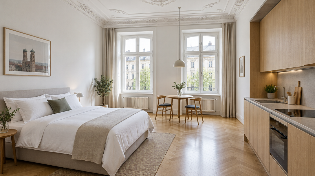 Aparthotel München: Studio im Altbau mit Doppelbett, Esstisch und Küchenzeile