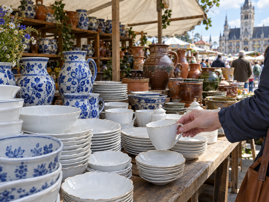 Crockery market at the Auer Dult: white porcelain, cups, plates and pottery on a market stall
