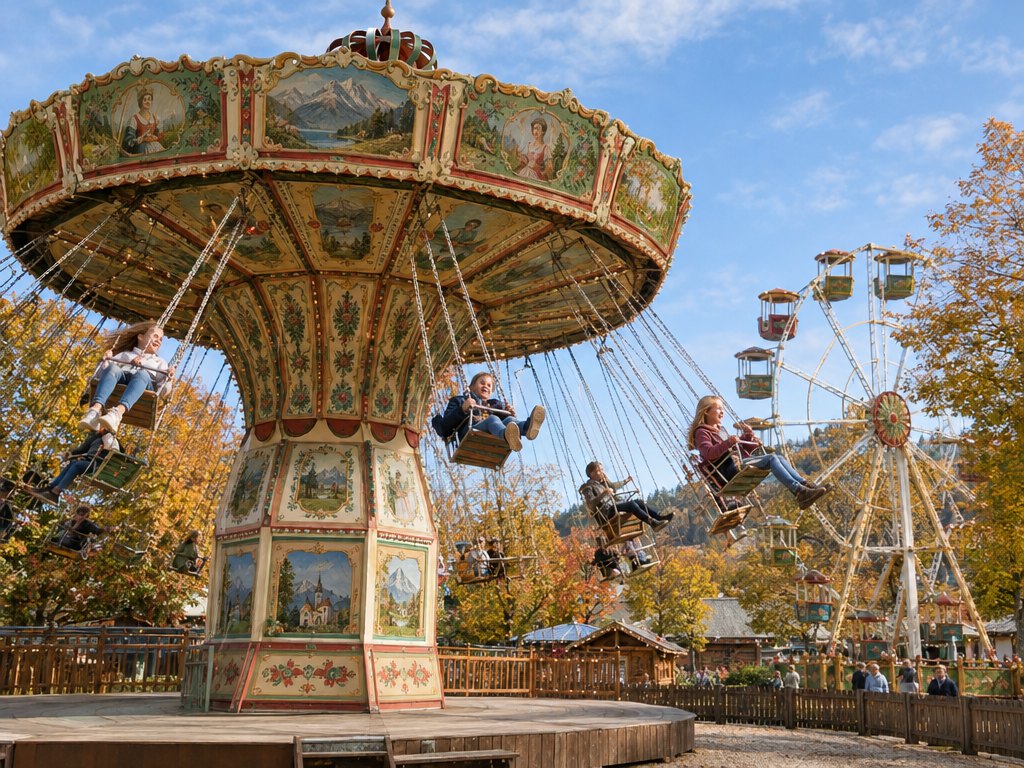 Historic chair swing ride and small Ferris wheel in the fairground area of the Auer Dult