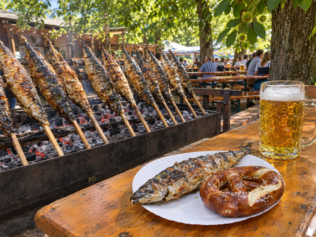 Food at the Auer Dult: Steckerlfisch from the charcoal grill with a pretzel and beer under chestnut trees