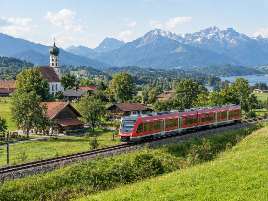 Ausflugsziele München mit der Bahn: roter Regionalzug fährt an einem oberbayerischen Dorf mit Zwiebelturm vorbei