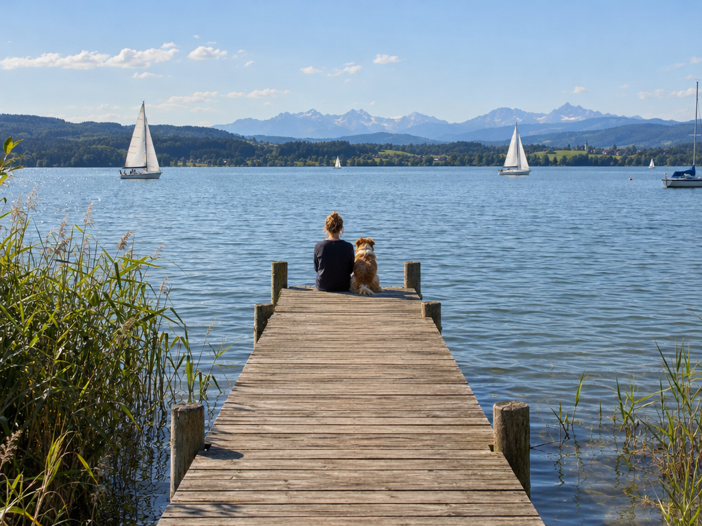 Ausflugsziele München mit Hund: Frau und Hund sitzen am Ende eines Holzstegs an einem See im Fünfseenland