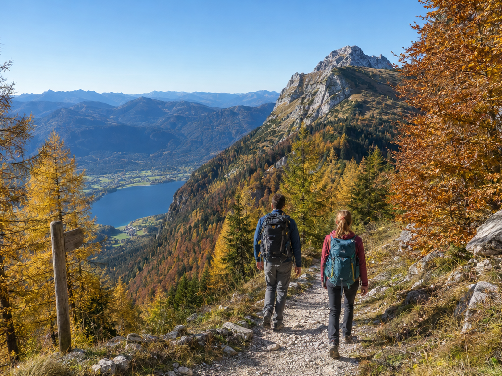 Tagesausflug von München in die Berge: zwei Wanderer auf einem Bergweg im Herbst, unten ein See im Tal