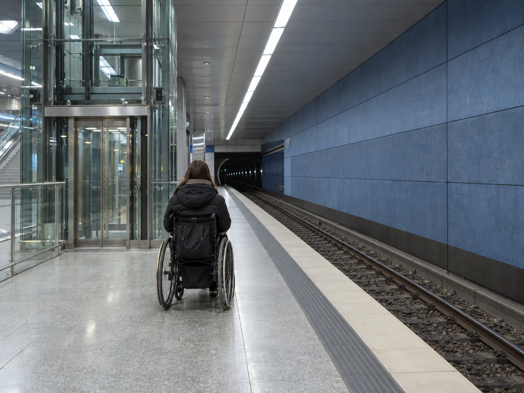 Barrierefreie Ferienwohnung München: Rollstuhlfahrer von hinten am U-Bahnsteig neben einem gläsernen Aufzug