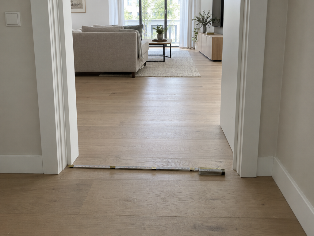 Ferienwohnung barrierefrei: breite Innentür ohne Schwelle mit Zollstock am Boden zum Messen der Türbreite