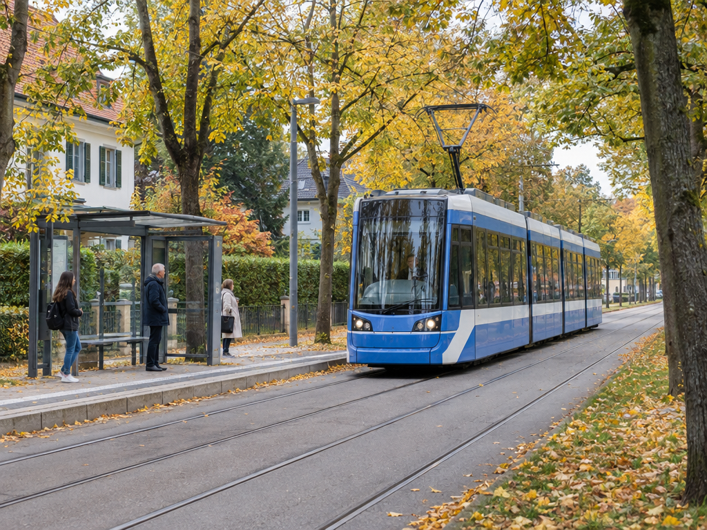 Bavaria Filmstadt Anfahrt: Straßenbahn auf einer Allee im Münchner Süden im Herbst, Fahrgäste an der Haltestelle