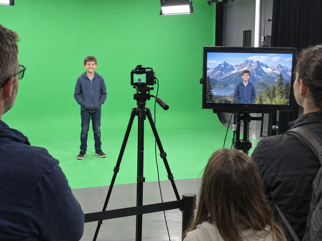 Bavaria Filmstadt mit Kindern: Junge steht vor einem Greenscreen, auf dem Monitor erscheint er vor einer Berglandschaft