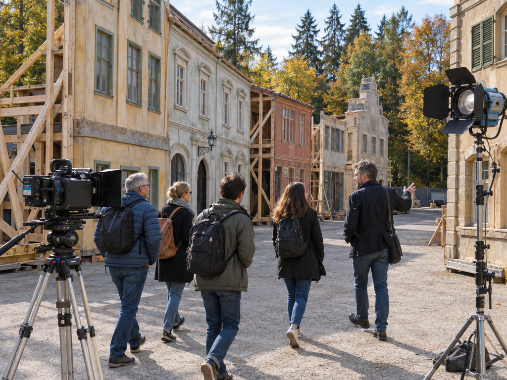 Bavaria Filmstadt Munich: tour group with a guide passing wooden street sets, film camera and spotlight in front