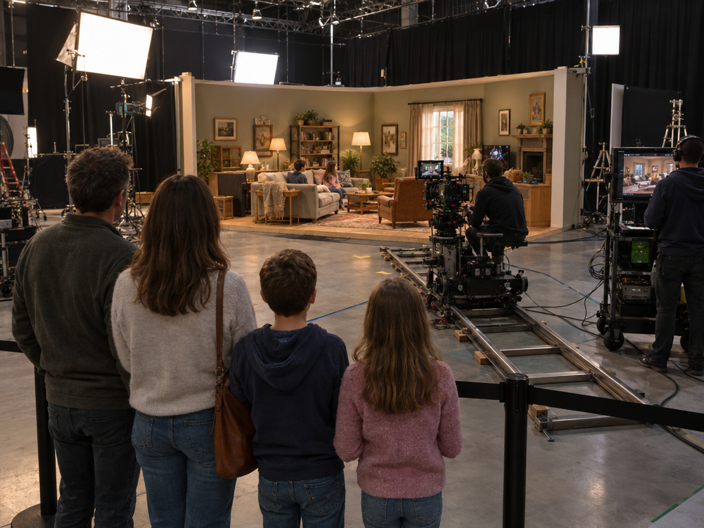 Bavaria Filmstadt Studio: Familie mit Kindern schaut auf ein Wohnzimmer-Filmset ohne Decke mit Scheinwerfern und Kamera auf Schienen