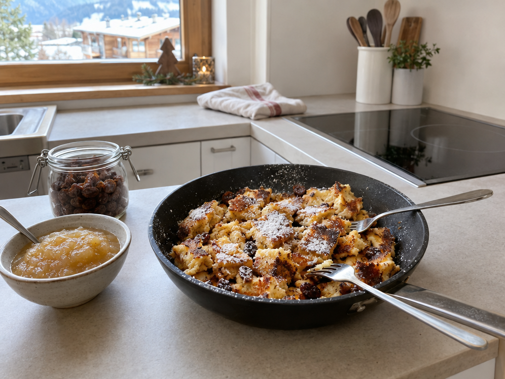 Bayerisch kochen in der Ferienwohnung: Kaiserschmarrn mit Puderzucker in der Pfanne, daneben Apfelmus und Rosinen in einer kleinen Apartmentküche