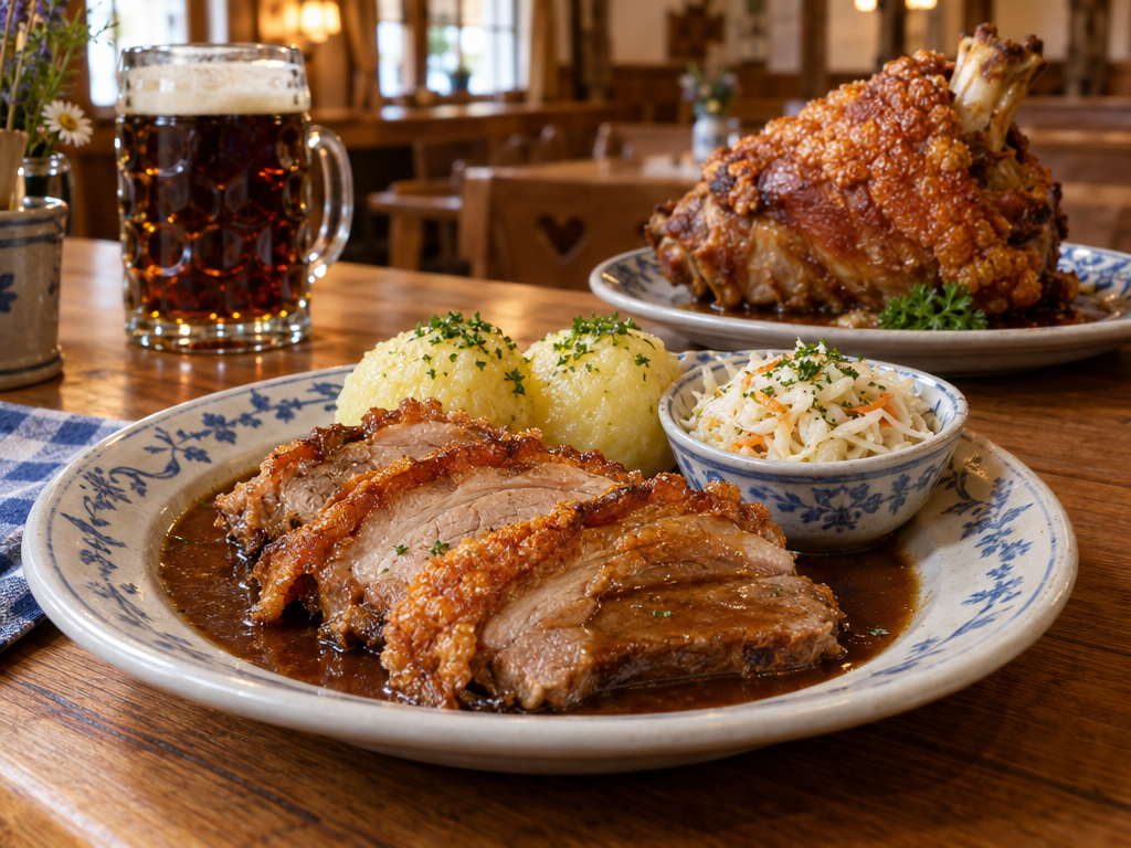 Bayerische Gerichte mit Fleisch: Schweinsbraten mit Kruste, Dunkelbiersoße, Kartoffelknödeln und Krautsalat, dahinter eine Schweinshaxe im Wirtshaus