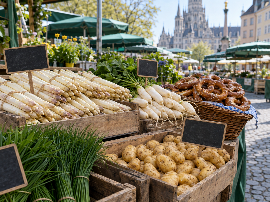 Bayerische Spezialitäten der Saison: Marktstand in München mit weißem Spargel, Radi, Frühkartoffeln, Schnittlauch und Brezn