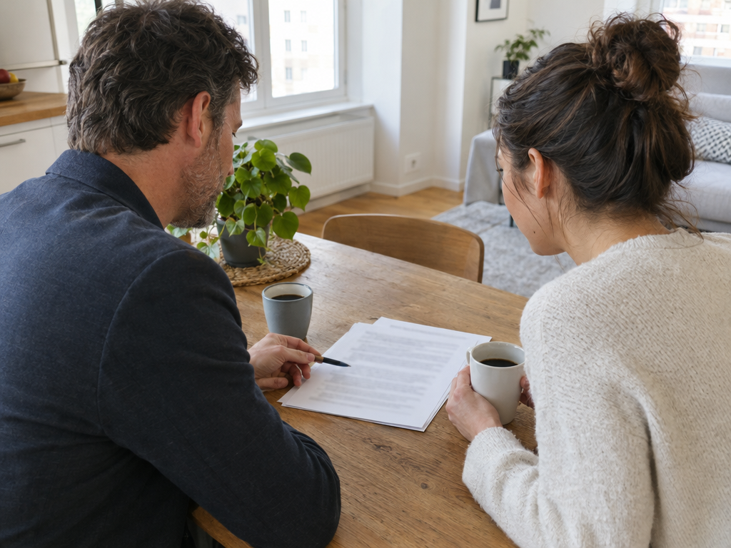 Zeitmietvertrag nach § 575 BGB: Vermieter und Mieterin besprechen den Befristungsgrund am Tisch