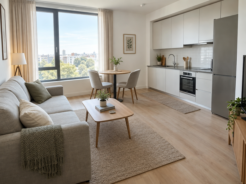 Mietvertrag für eine möblierte Wohnung: helles Apartment mit Sofa, Esstisch und Küchenzeile