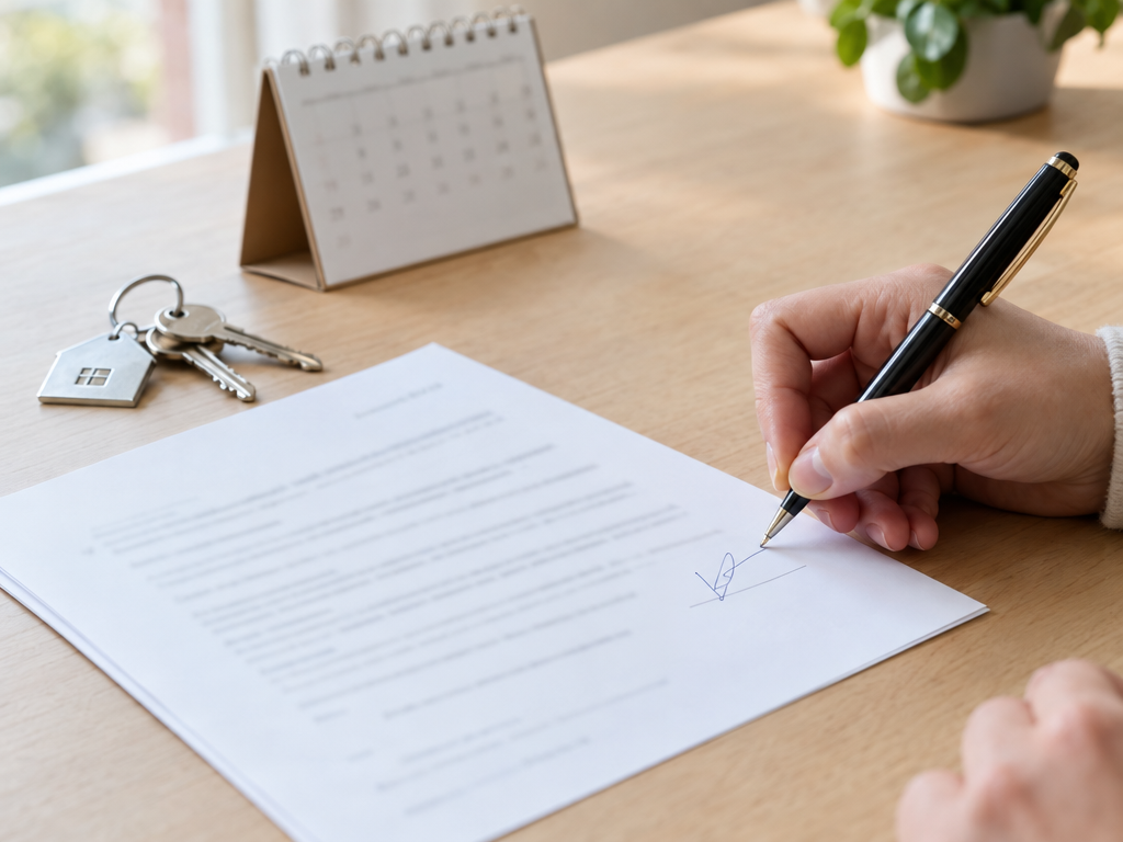 Befristeter Mietvertrag: Unterschrift unter einen Mietvertrag mit Kalender und Wohnungsschlüsseln