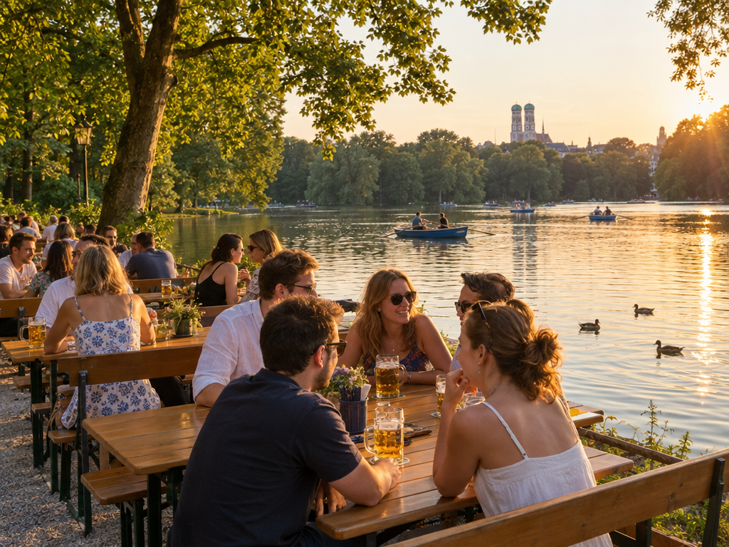 Biergarten München am Wasser: Holzbänke direkt am Seeufer mit Ruderbooten an einem Sommerabend