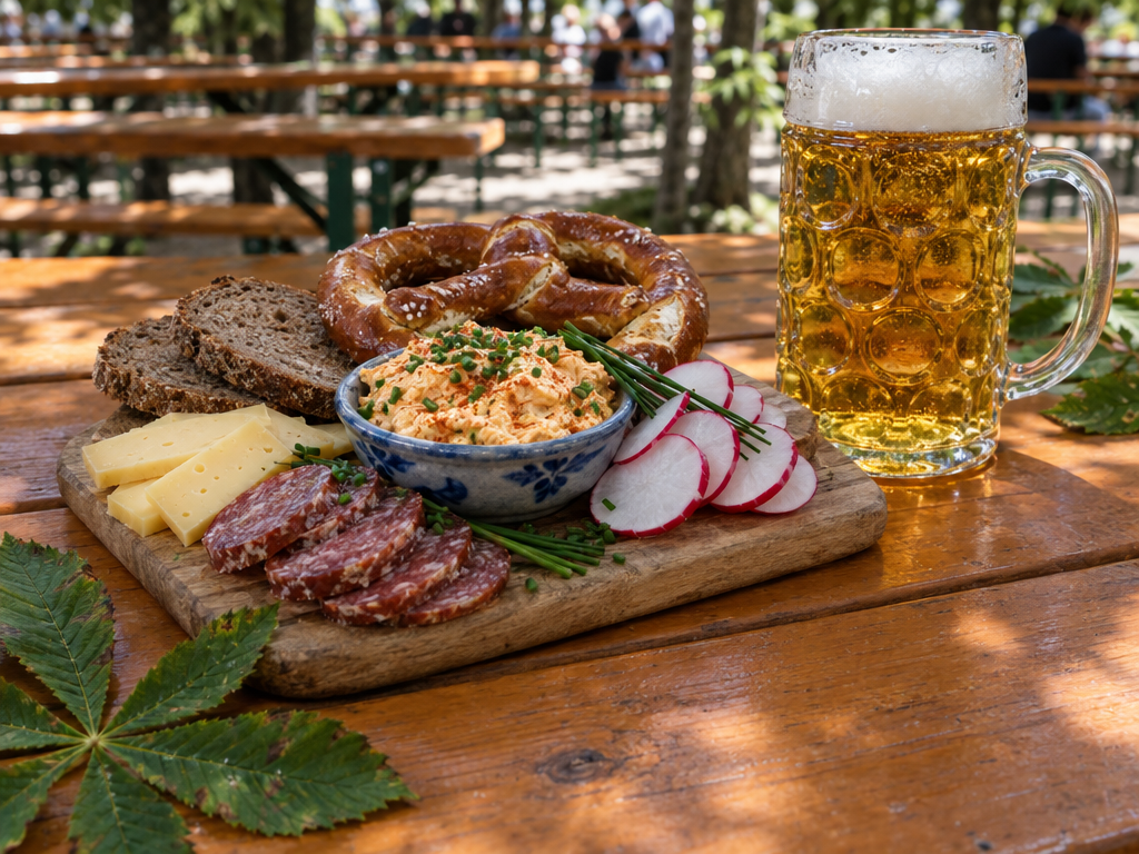 Biergarten München: mitgebrachte Brotzeit mit Obazda, Radi und Brezn auf einem Holztisch ohne Tischdecke neben einer Maß