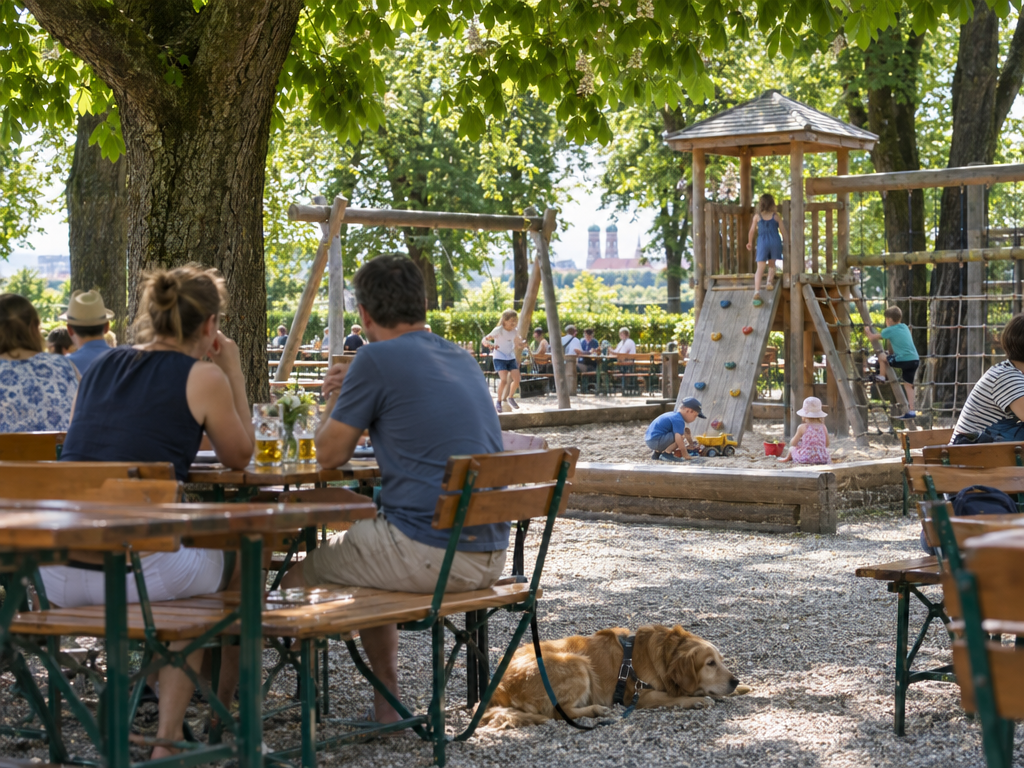 Biergarten mit Spielplatz in München: Eltern an Holztischen unter Kastanien, dahinter spielen Kinder, ein Hund liegt an der Leine