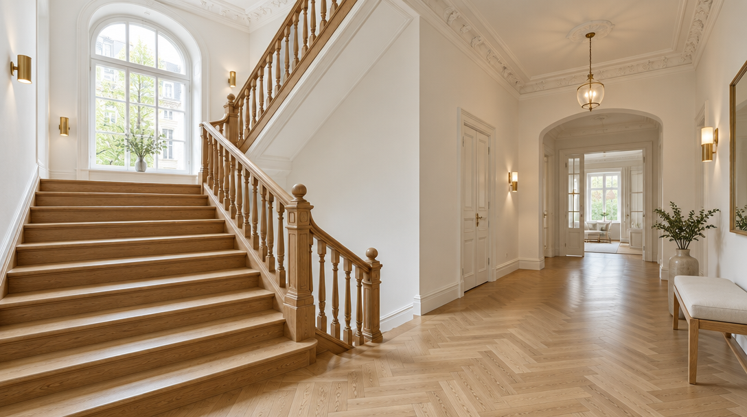 Boardinghouse München: helles Altbau-Treppenhaus mit Eichentreppe im Lehel