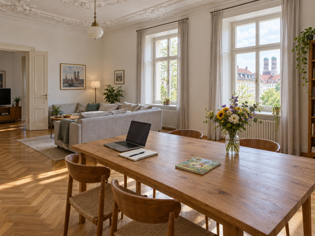 Wohn- und Essbereich mit Eichentisch im Boardinghouse München für Geschäftsreisende und Familien