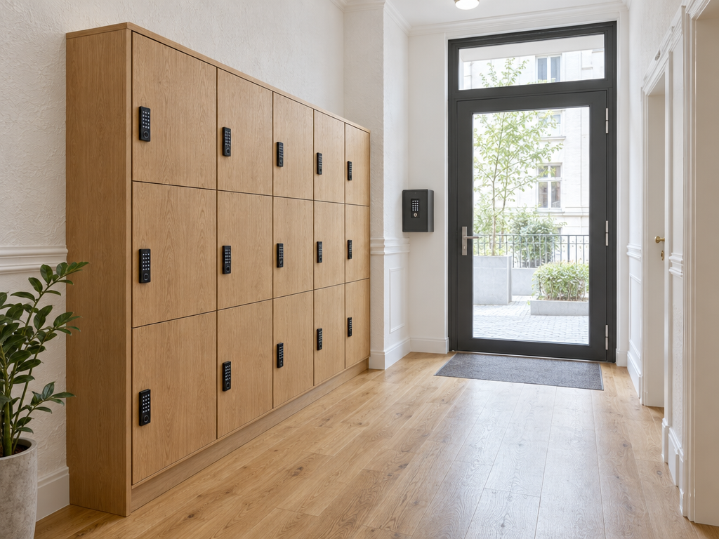 Hausflur im Boardinghouse München mit Gepäck-Schließfächern aus Eiche und Schlüsseltresor für den Self-Check-in