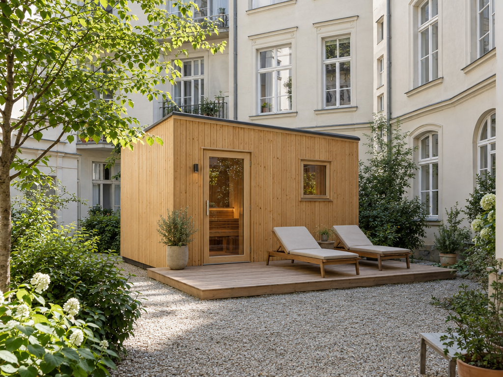 Boardinghouse München mit Sauna: rechteckiges Holz-Saunahaus im Innenhof für bis zu sechs Personen