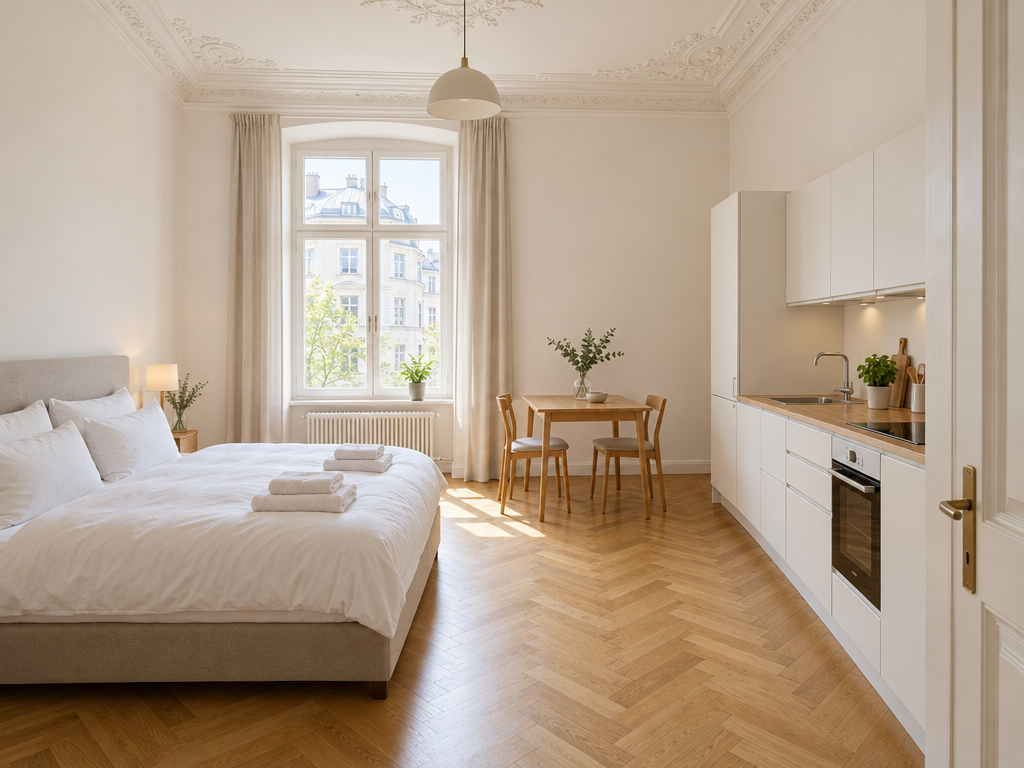 Was ist ein Boardinghouse: möbliertes Studio-Apartment mit Doppelbett, Esstisch und Küchenzeile im Altbau in München