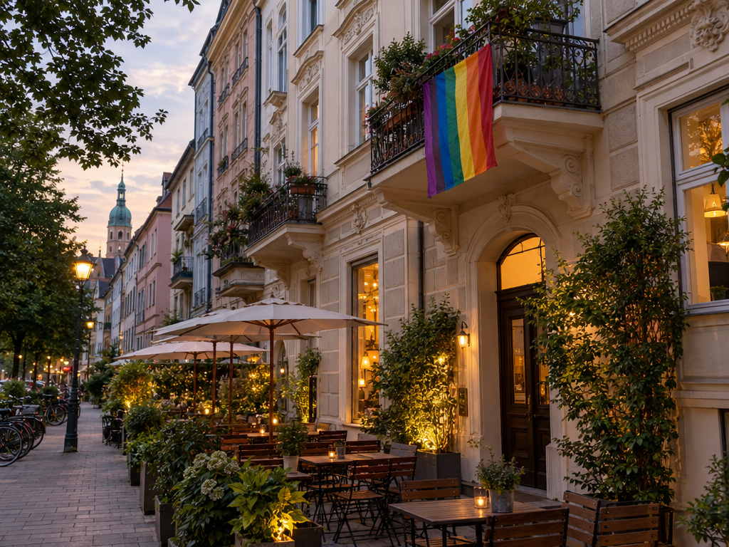 Munich Pride in the Glockenbachviertel: rainbow flag on a period building balcony above a street with cafés in the evening