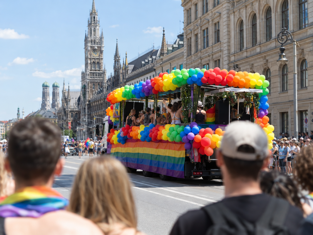 Munich Pride parade: decorated float with rainbow balloons driving through a Munich street, spectators blurred in the foreground