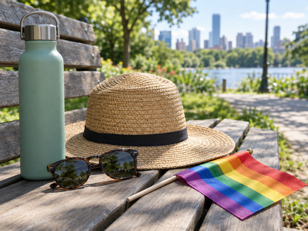Munich Pride tips for hot weather: water bottle, sun hat, sunglasses and a small rainbow flag on a bench in the sunshine