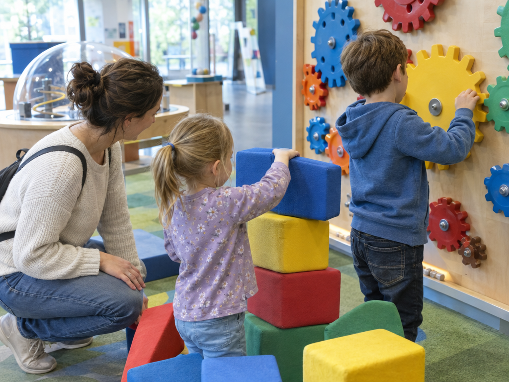 Deutsches Museum mit Kindern: zwei Kinder bauen mit großen Schaumstoffklötzen und drehen Zahnräder an einer Mitmachstation