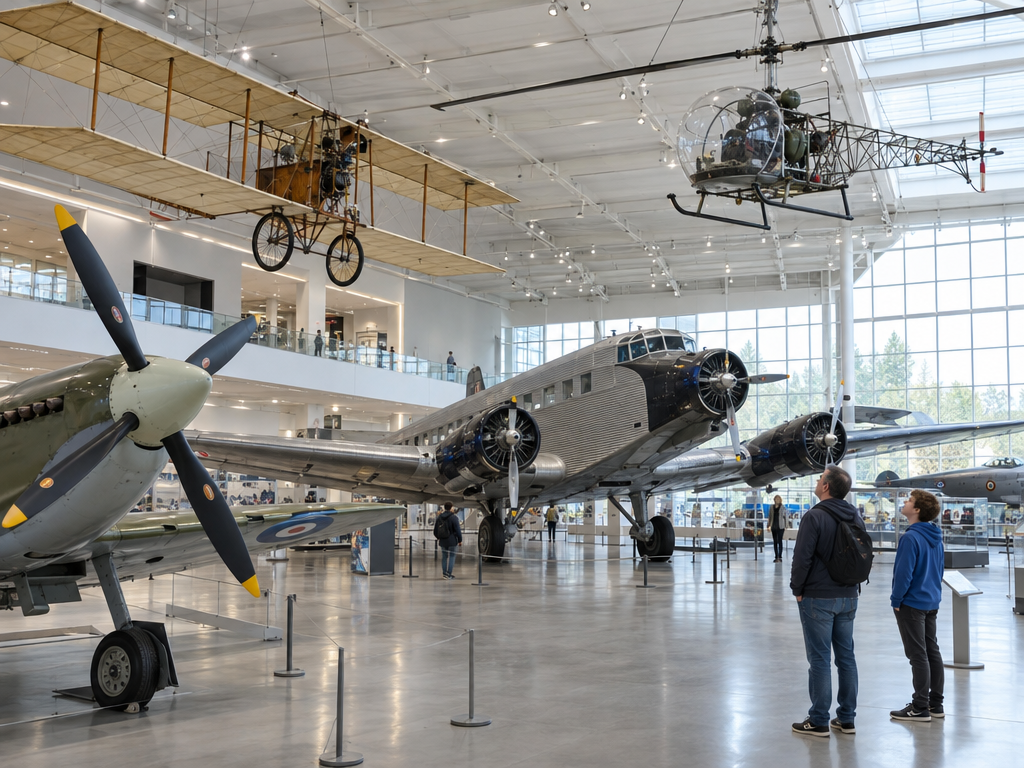 Deutsches Museum: historische Flugzeuge und ein Hubschrauber in der Ausstellungshalle zur Luftfahrt