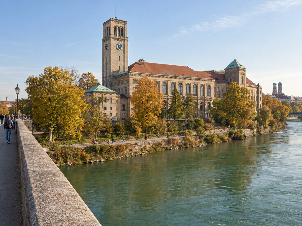 Deutsches Museum Monaco: vista sull'Isar verso la Museumsinsel con la torre del museo