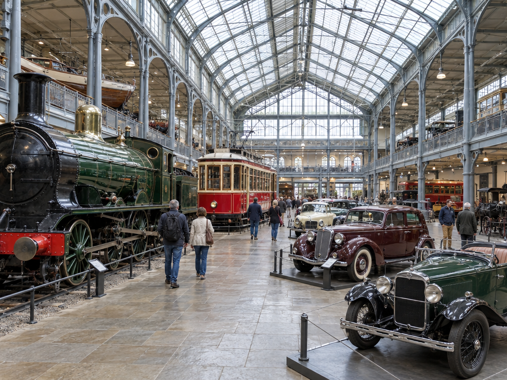 Deutsches Museum Verkehrszentrum: Dampflok, historische Trambahn und Oldtimer in einer alten Ausstellungshalle