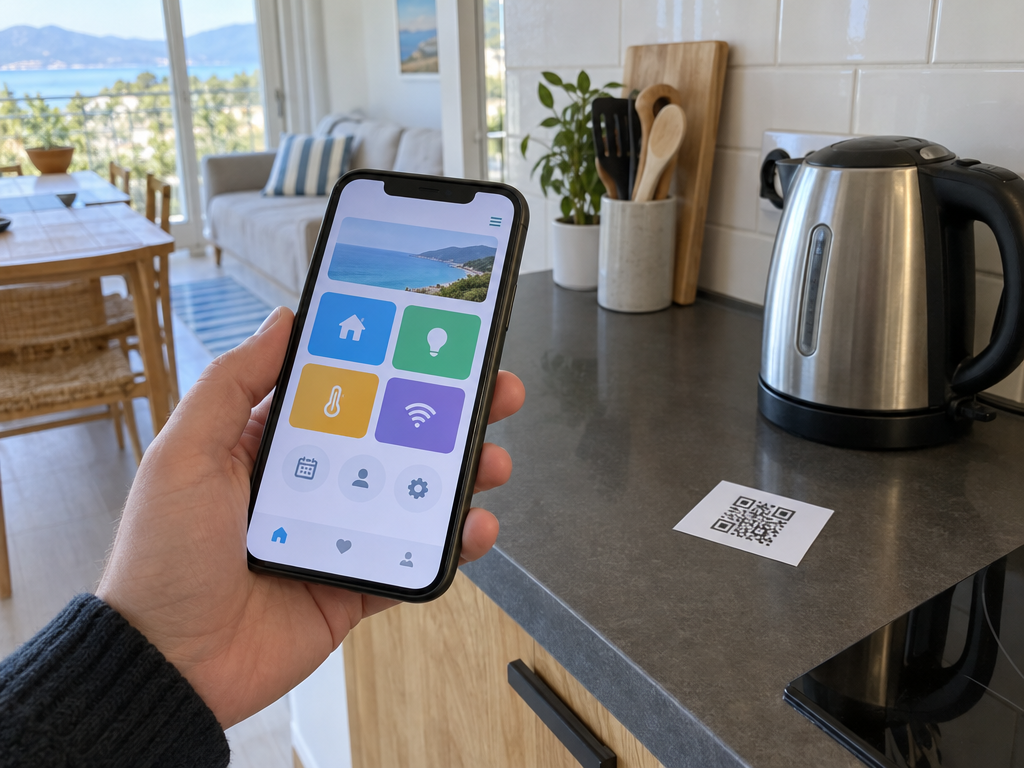 Digitale Gästemappe Ferienwohnung: Hand mit Smartphone und QR-Code-Karte auf der Küchenarbeitsplatte