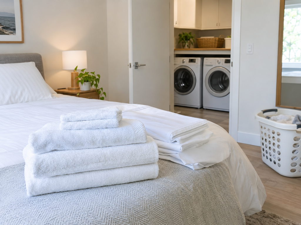Ferienwohnung Bettwäsche und Handtücher: frisch gefaltete Wäsche auf dem Bett, im Hintergrund Waschmaschine und Trockner für die Zwischenreinigung