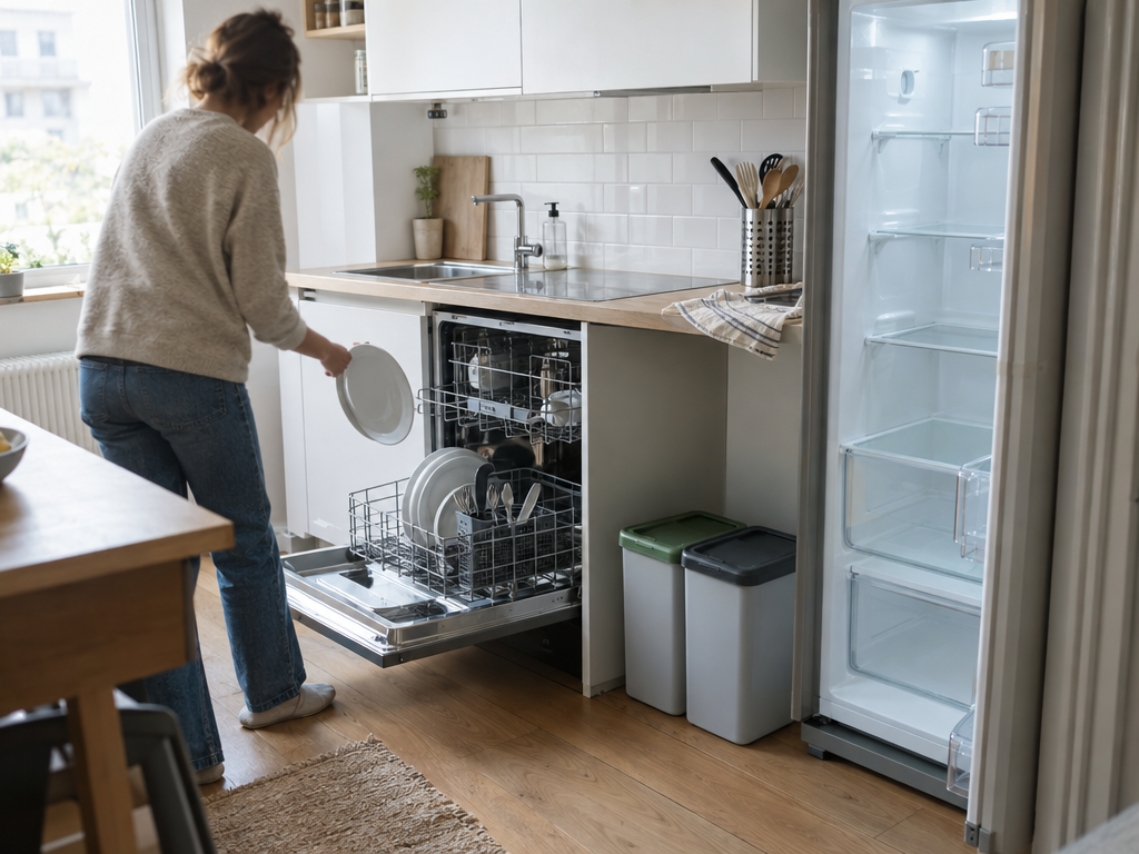 Reinigung der Ferienwohnung vor der Abreise: Gast räumt Geschirr in die Spülmaschine, leerer Kühlschrank und Mülltrennung in der Küche