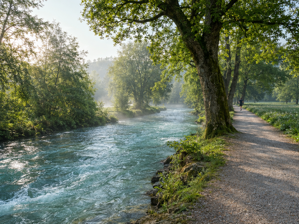 Englischer Garten München: Kiesweg am klaren Eisbach im Morgenlicht, alte Bäume und Wiesen